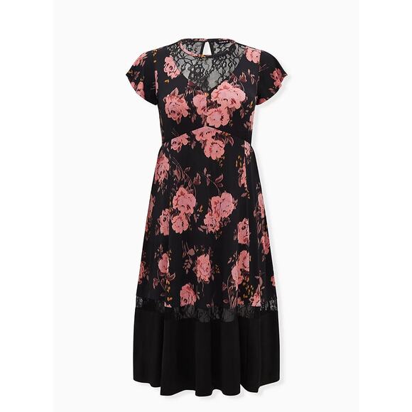 New Torrid Black Floral Lace Midi Dress Back Button Pocket Short Sleeve Sz 2X - Picture 3 of 10